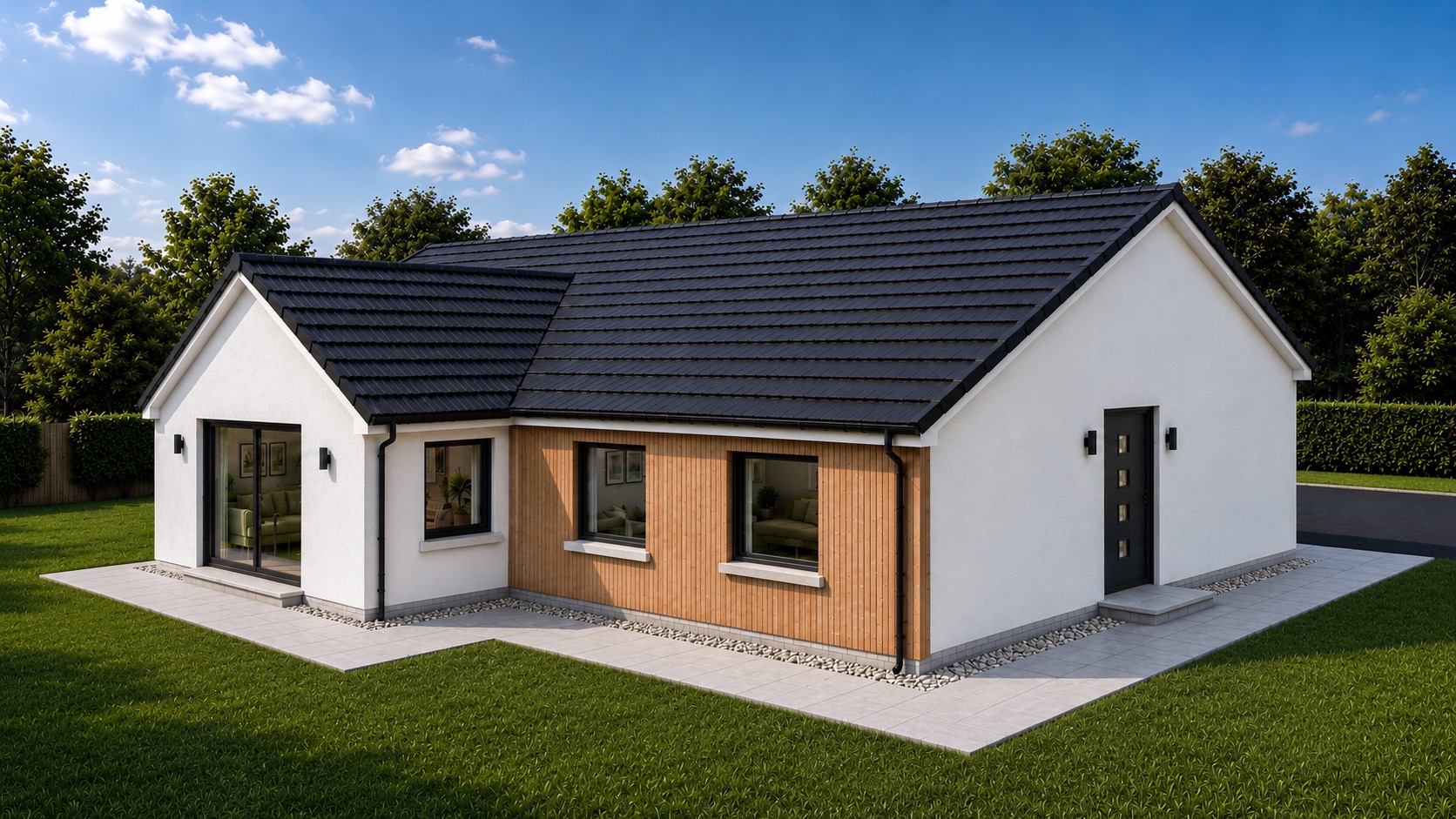 Morlich detached bungalow rear and side view of exterior at Dulicht Court, Grantown-on-Spey