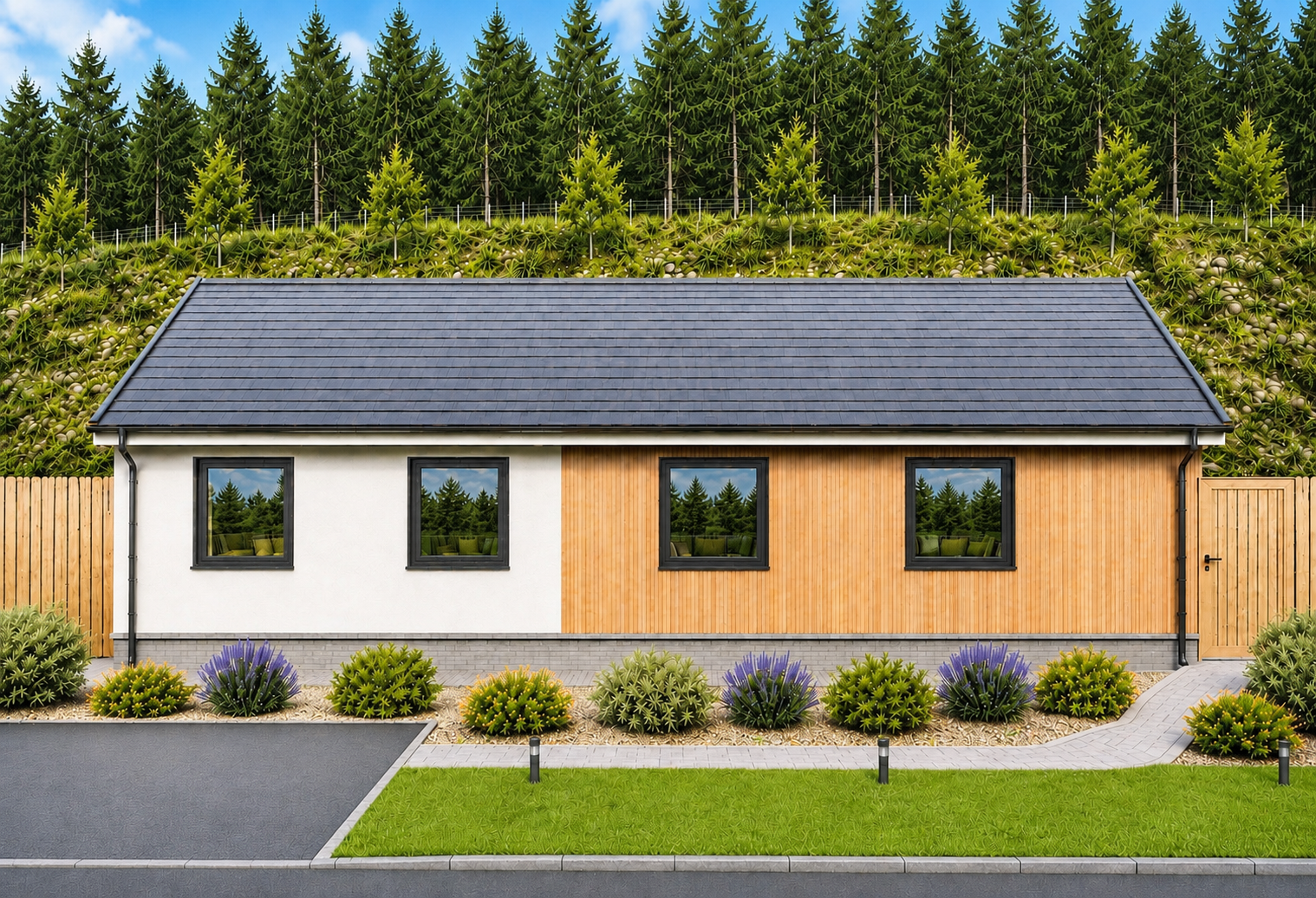 Morlich detached bungalow front view of exterior at Dulicht Court, Grantown-on-Spey